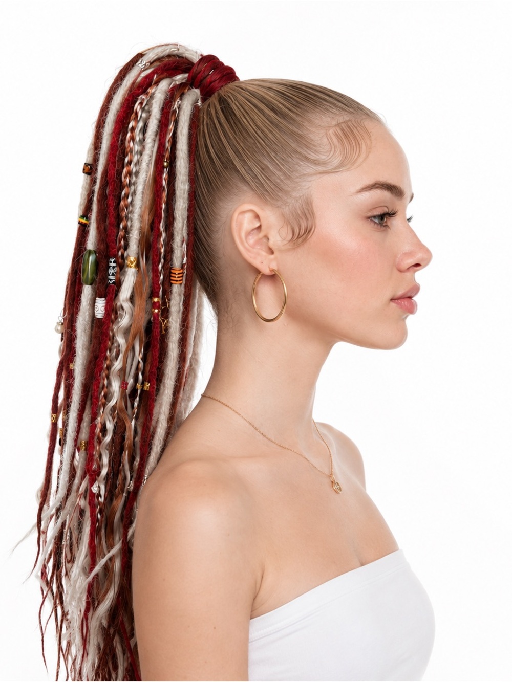Red & White Braided Ponytail Hair Extension
